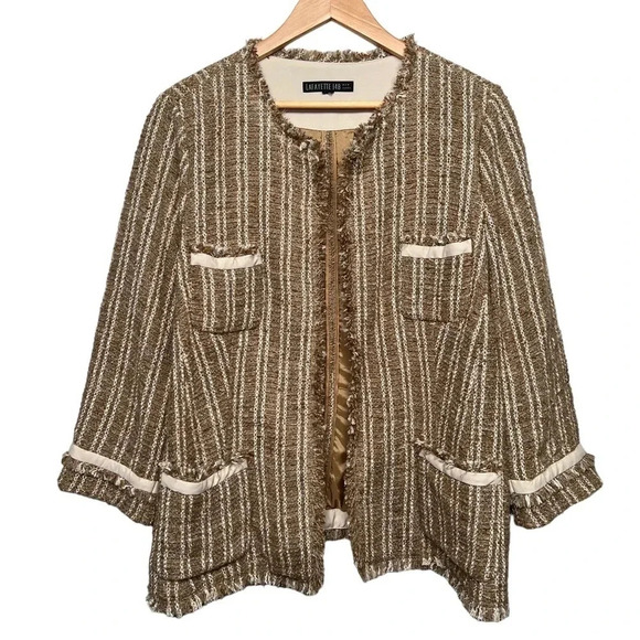 Lafayette 148 Textured Tan Tweed Blazer Jacket Pockets Fringe Trim Size 16 - Picture 1 of 6